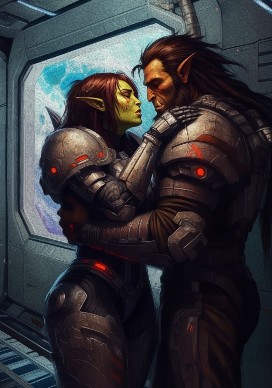 Intimate Moment in Futuristic Battleship Interior