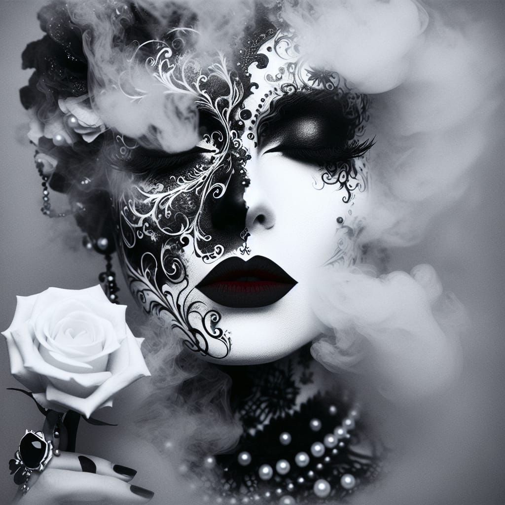 Gothic Dream Portrait with Red Lips and Smoke