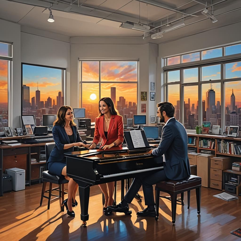 Office Sunset: Piano Dance in Graffiti Art Style