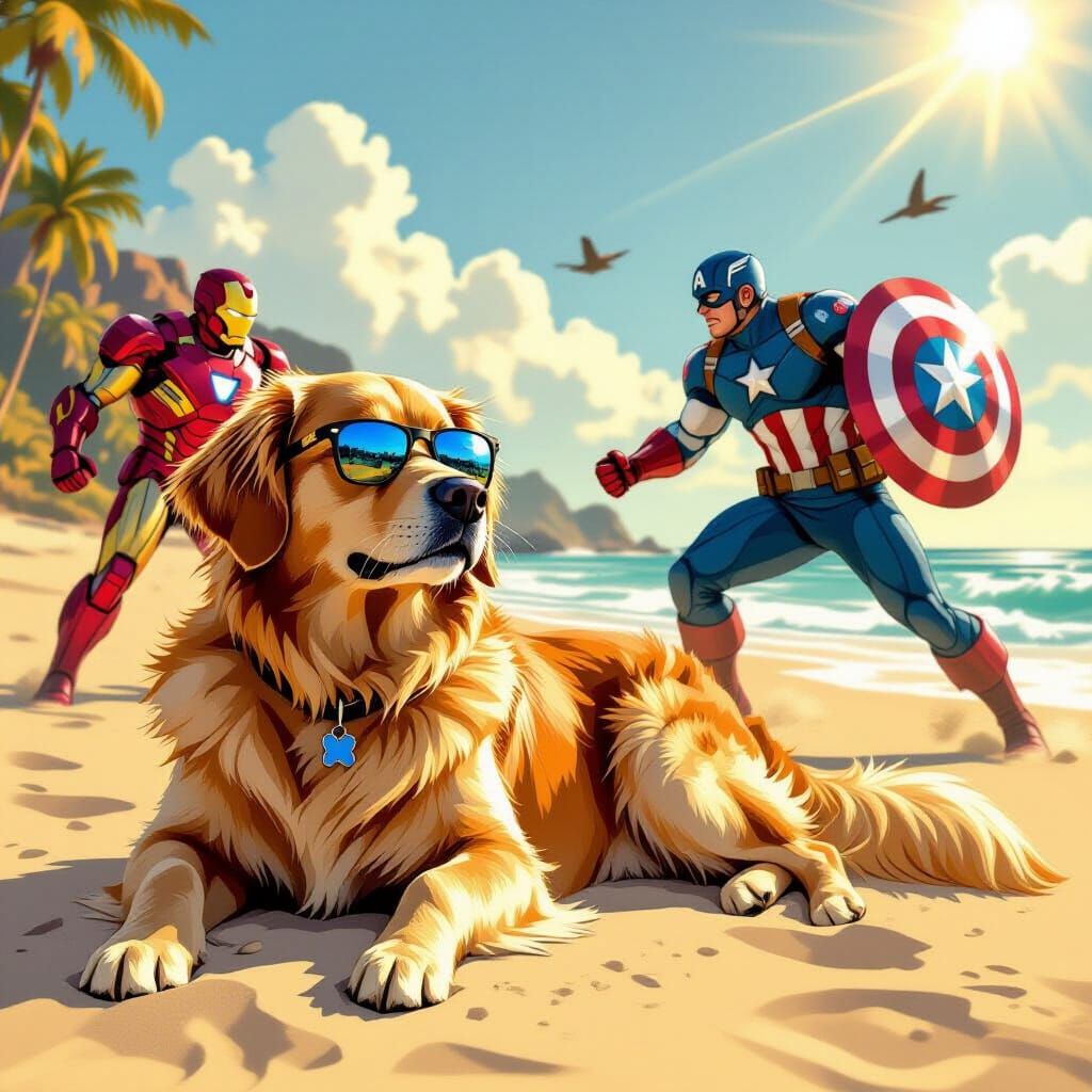 Golden Retriever Enjoys Beach While Heroes Battle