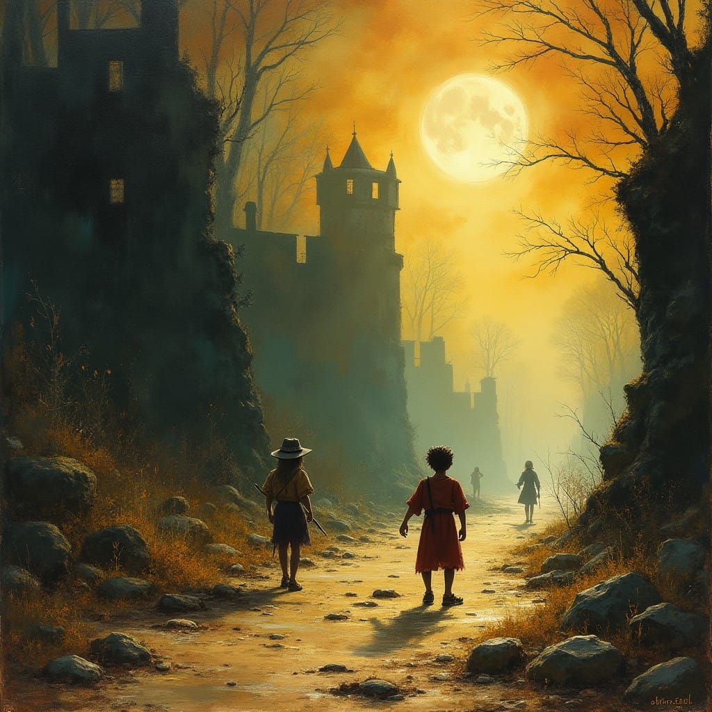 Nostalgic Adventure Scene in Classic Illustration Style