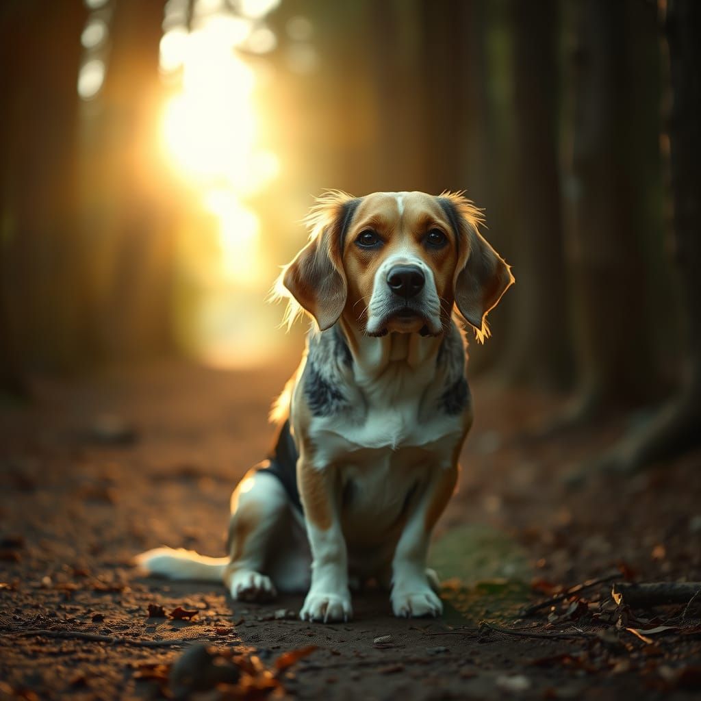 Majestic Old Beagle in Golden Forest Light