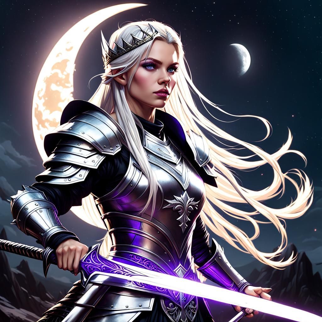Armored Girl with Moon Pin: Dark Fantasy Art