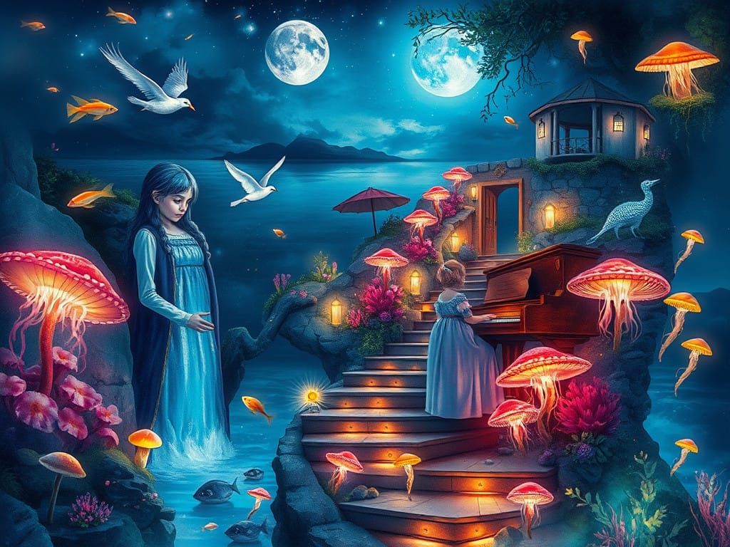 Ethereal Twilight Realm: Young Girl in Whimsical Watercolor