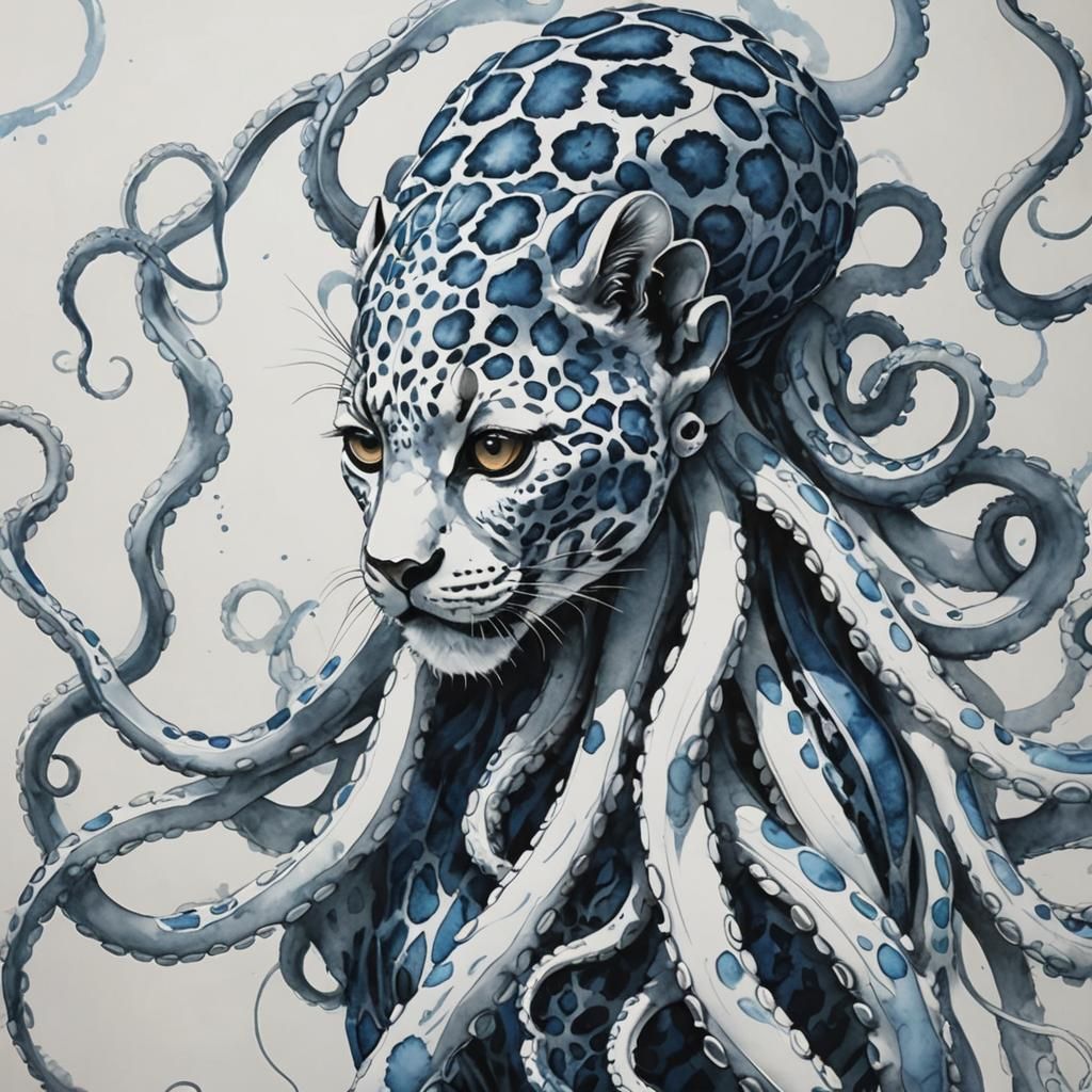 Octopus Leopard Ink Drawing on White Wall