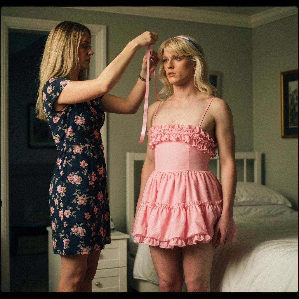 Crossdressing Guy in Pink Dress Gets Ribbon Applied by Women