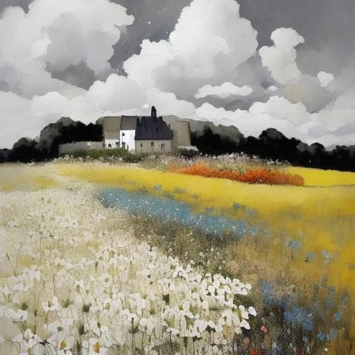 Farmhouse in Splatter Art Style with Flowers and Birds