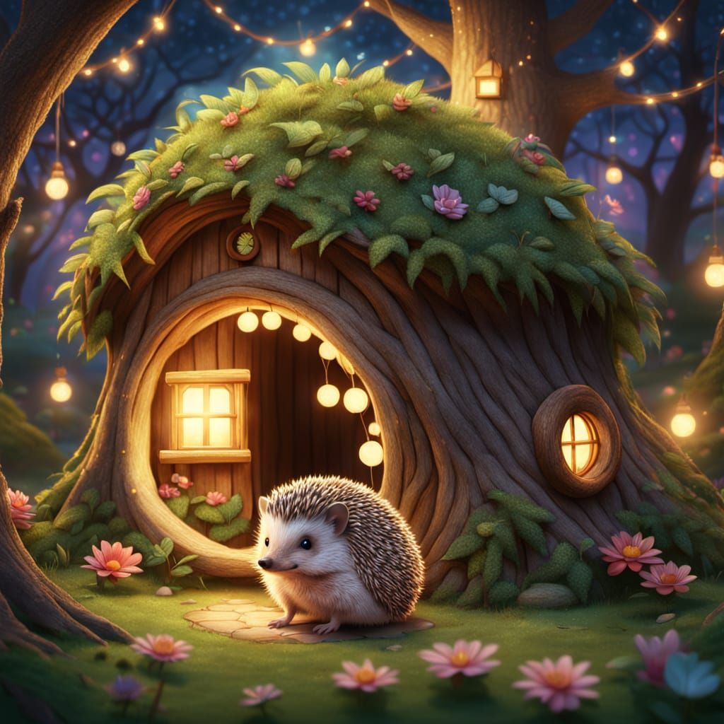 Hedgehog Spinning Hula Hoop in Cozy Tree House