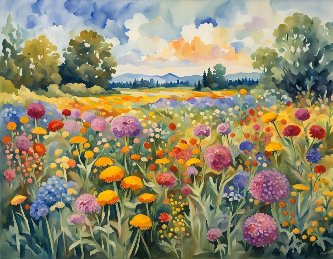 Summer Meadow Painting in Divisionist Gouache Style