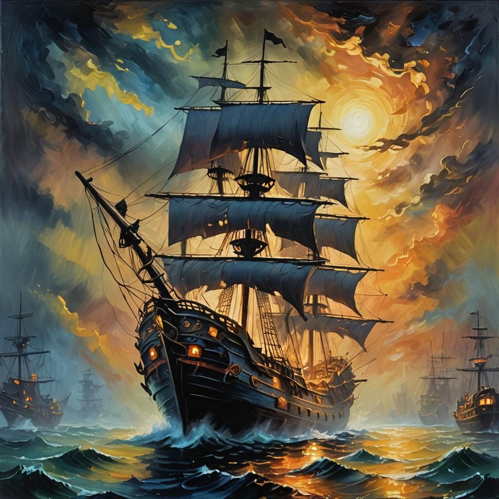 Eerie Pirate Ship Glowing at Night: Neo-Impressionism