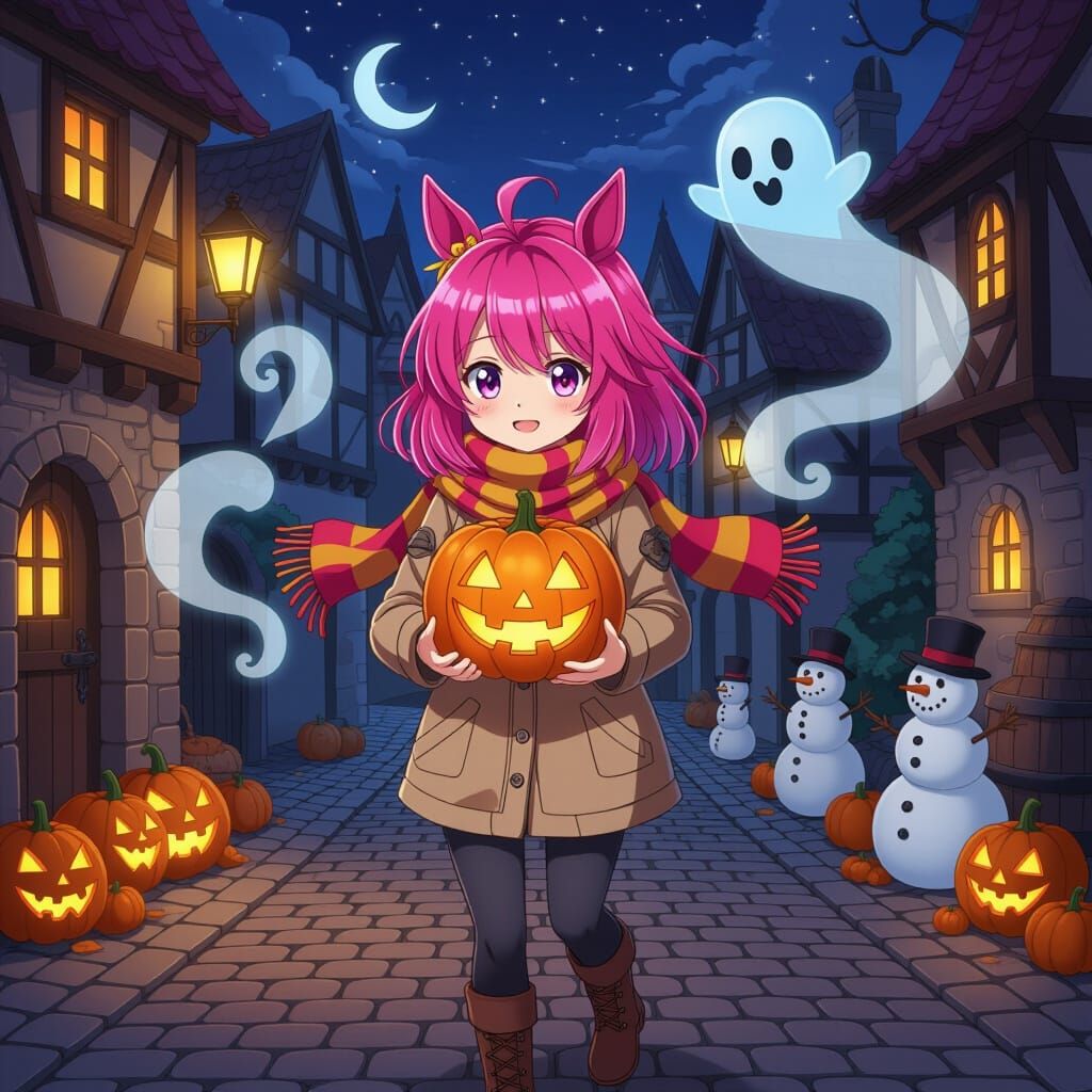 Anime Girl with Pink Hair and Horse Ears in Medieval Town