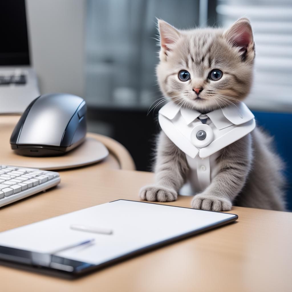 Gray Kitten Hard at Work in the Office