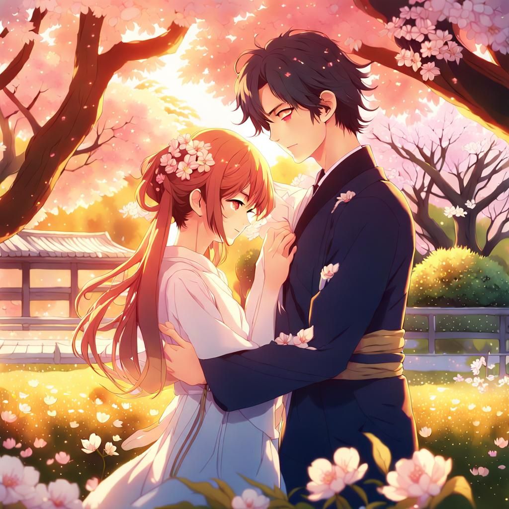 Romantic Anime Couple Embrace in Cherry Blossom Garden
