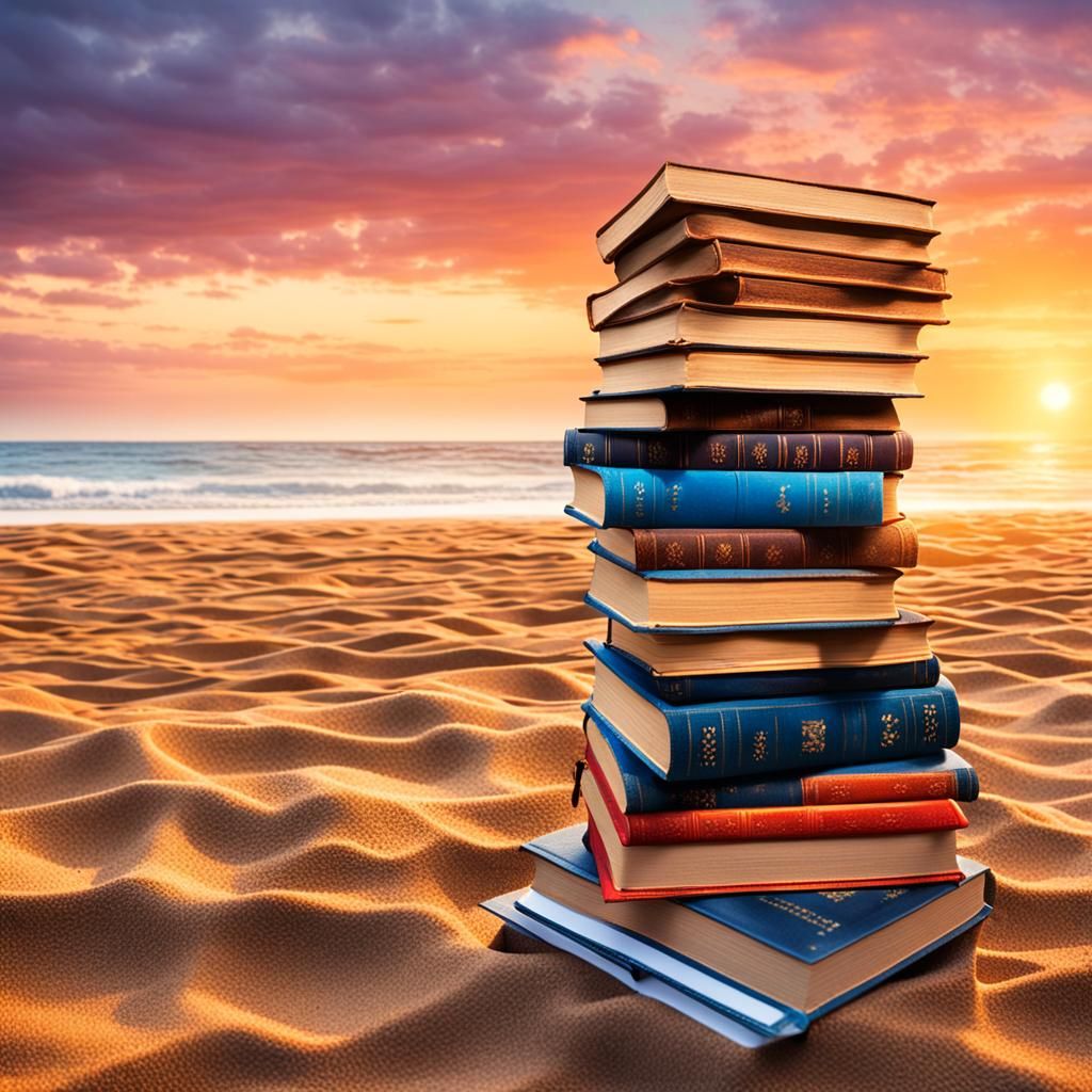 Books on Beach at Sunset in Cubist Art Deco Style