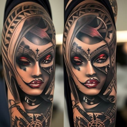 Tattooed Nun in Dark Fantasy Style