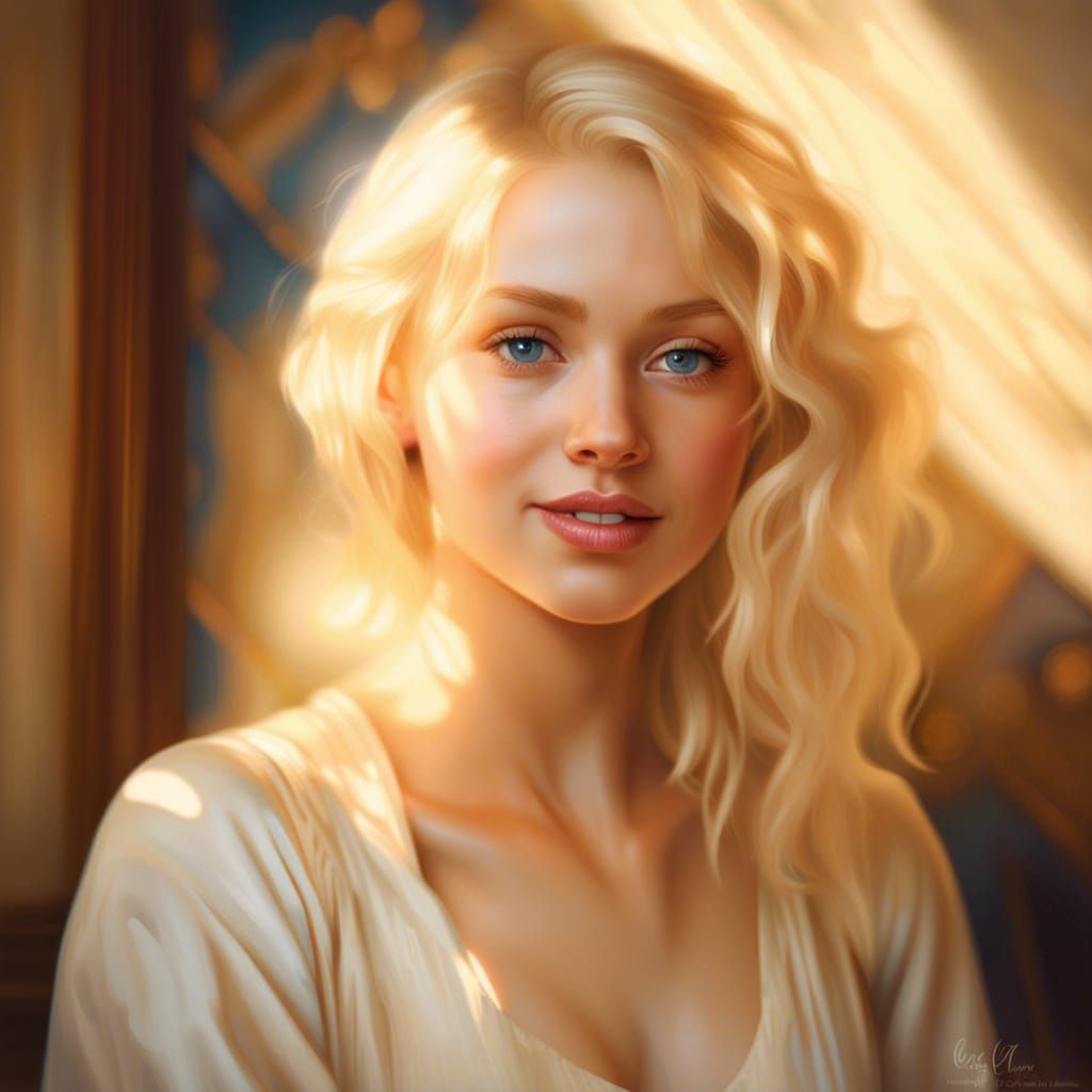 Blonde Girl Portrait in Boudoir Interior