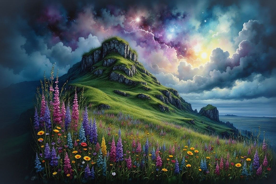 Epic Mountain Landscape with Marble Rectangles and Storm