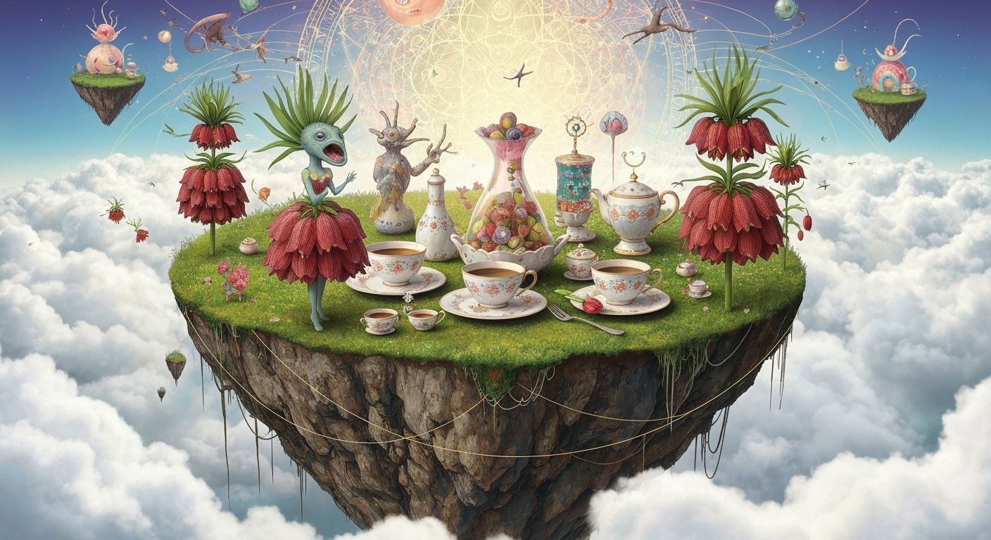 Surreal Tea Party on Floating Island, Psychedelic Art