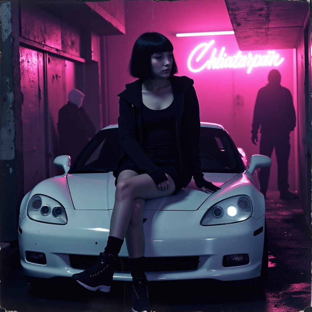 Cyberpunk Woman on Car in Neon Alley