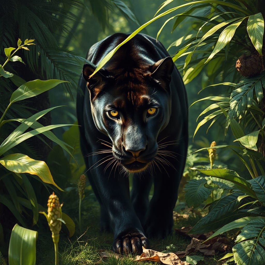 Sleek Black Panther Emerge from Jungle Foliage in a Realisti...