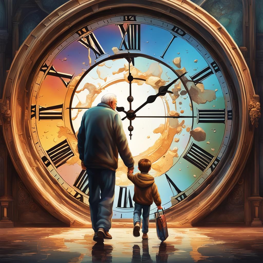 Hyperrealistic Clock Portal: Old Man and Child