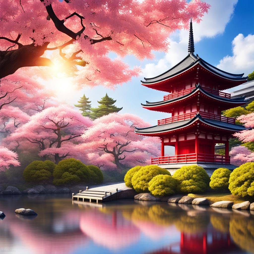 Shimmering Japanese Landscape with Ancient Temples