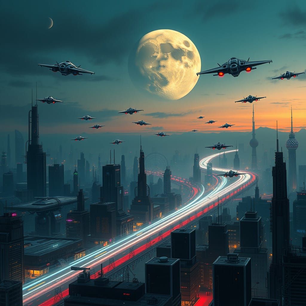 Futuristic Dystopian Metropolis at Dusk under Glowing Moon