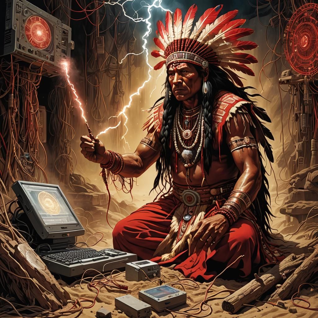Red Indian Medicine man calls forth the Manitou of a compute...