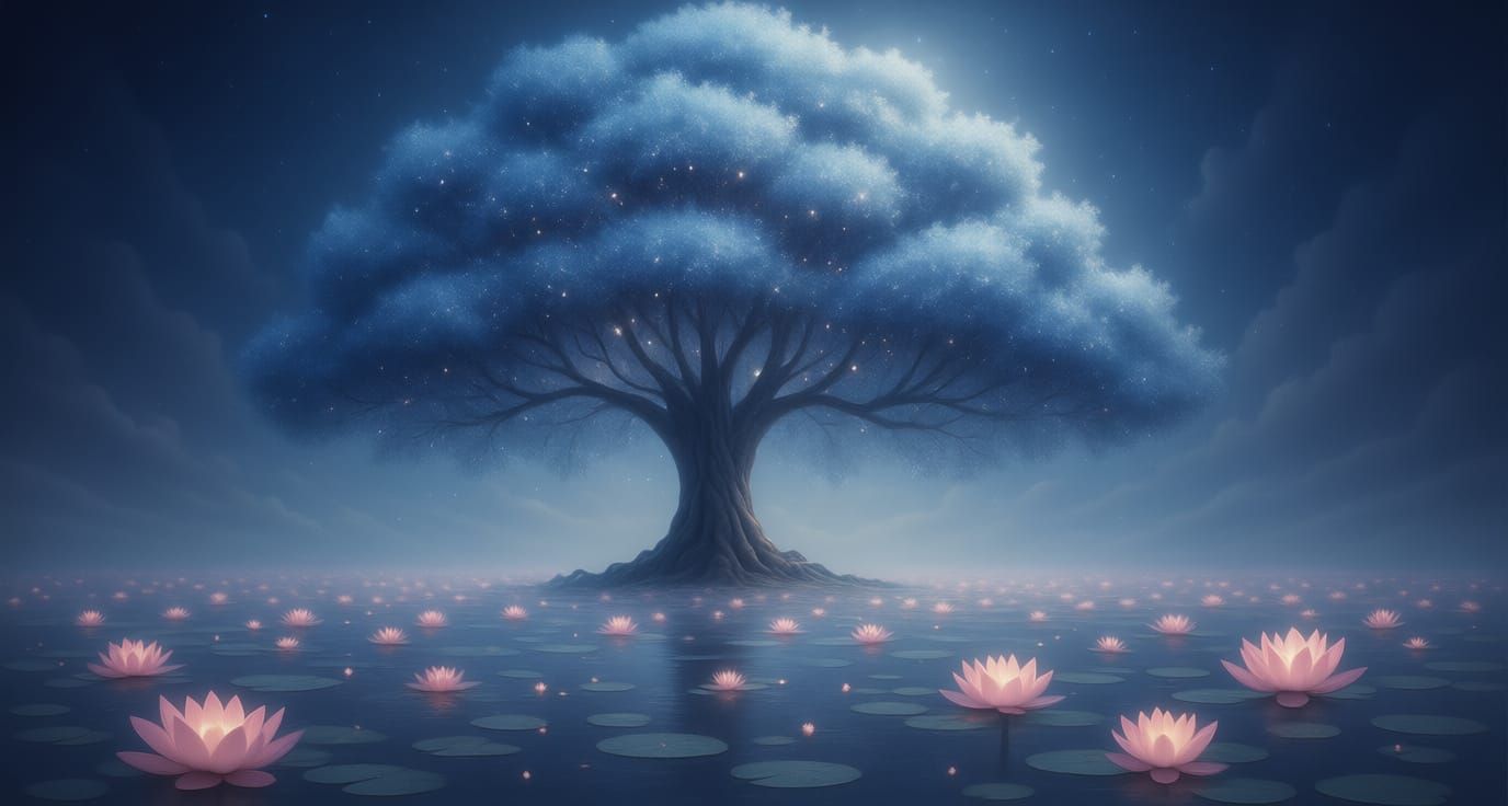 Moonlit Stardust Tree Reflecting on Lily Pond