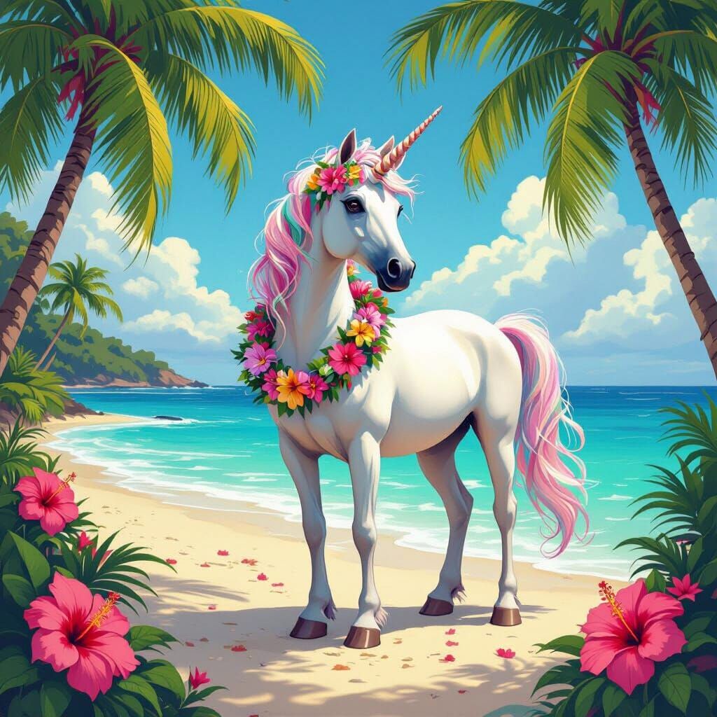 Vibrant Unicorn in Tropical Paradise Beach Scene