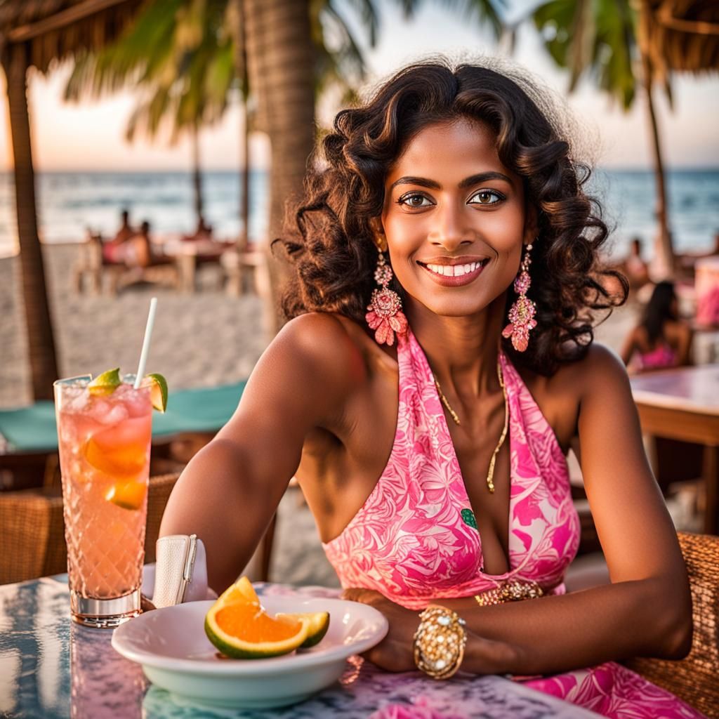 Glamorous Woman at Beach Bar, Cinematic Portrait