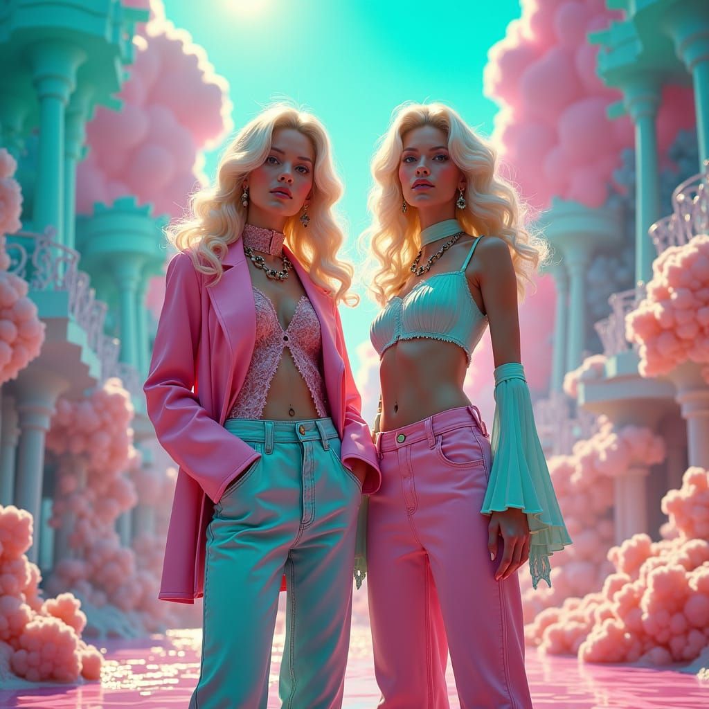 Vibrant Pastel 80s Ladies in a Futuristic Dreamscape