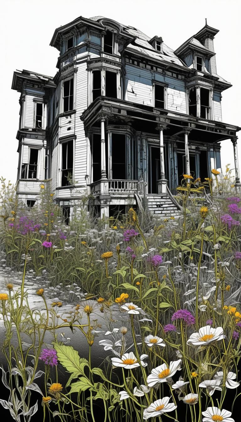 Overgrown Mansion: Wildflower Ink Drawing in Earth Art Style