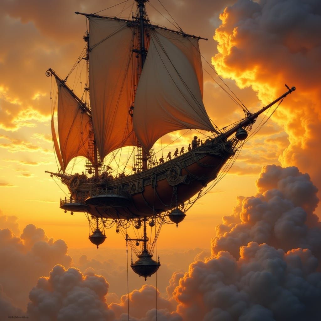 Steampunk Airship in Dramatic Sunset Sky