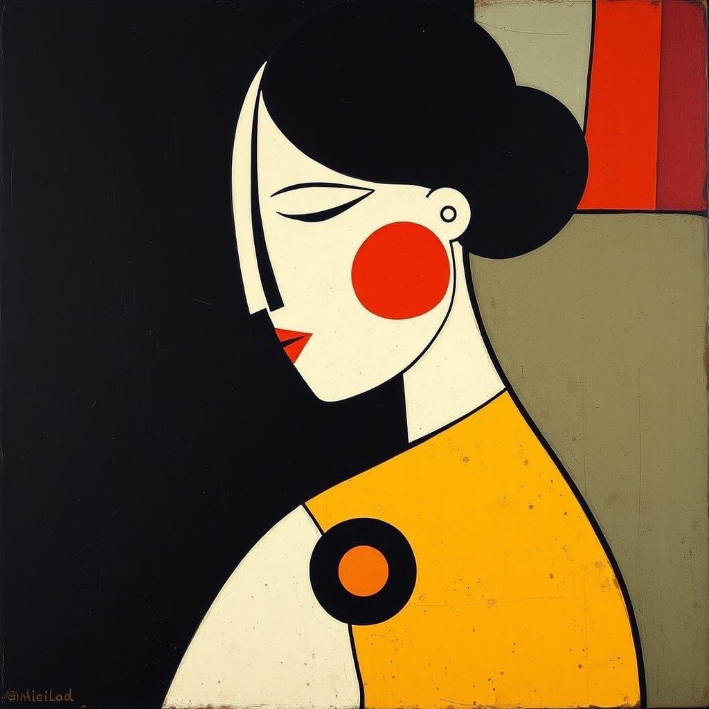 Geometric Female Figure with Floral Elements in Geometric St...