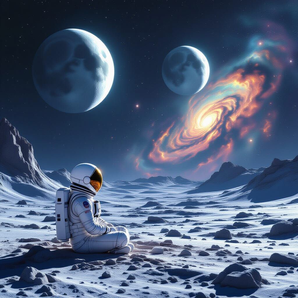 Astronaut Meditating Under Twin Moons in Nebula