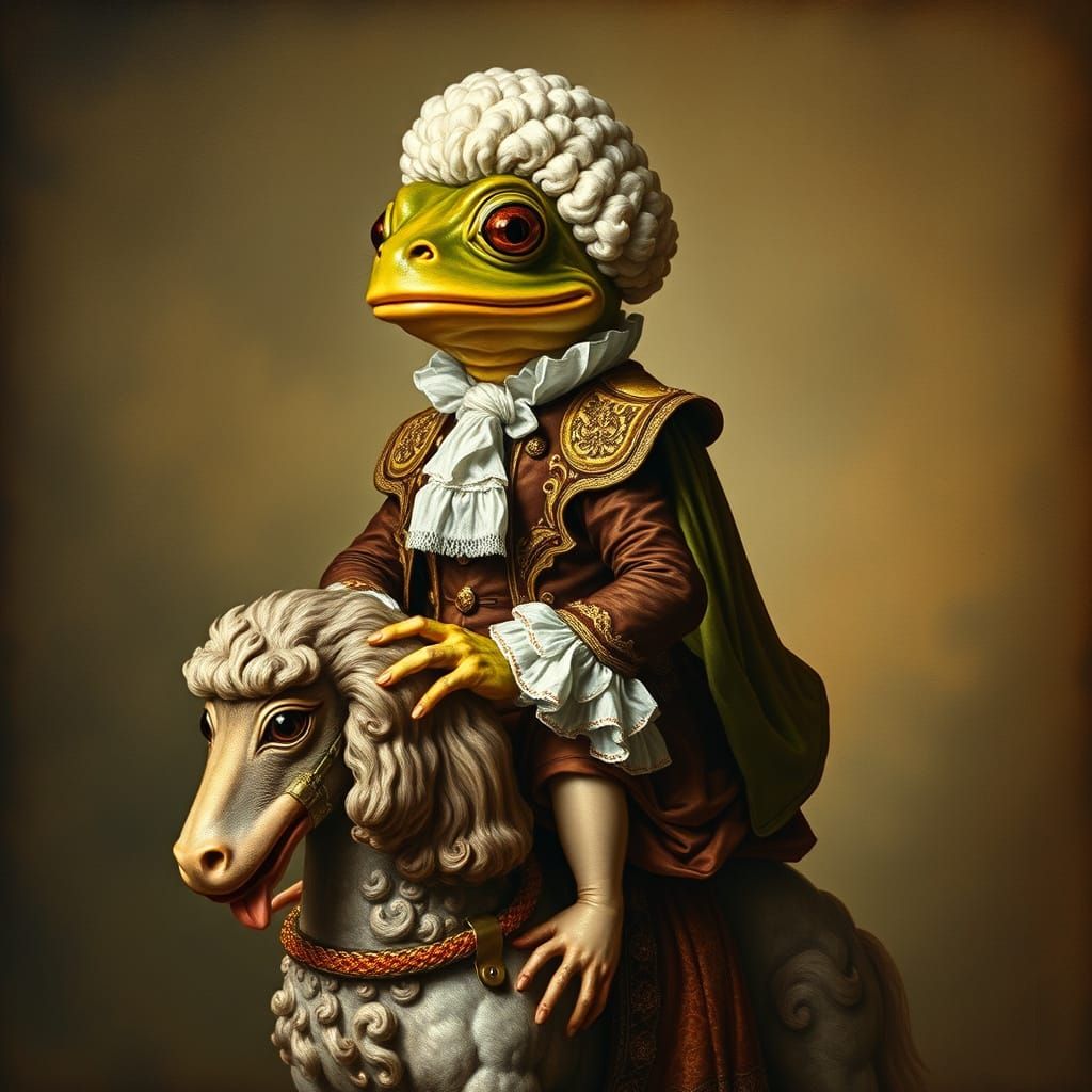 Aristocratic Frog Riding Poodle in Fragonard Style