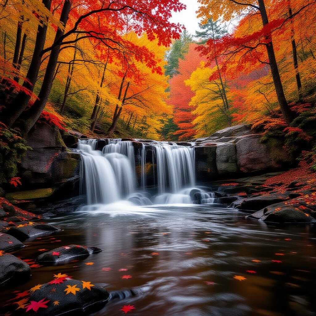 Spectacular Canadian Autumn Waterfall with Falling Maple Lea...
