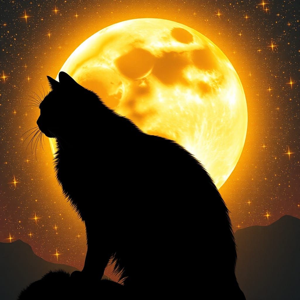 Black Cat Silhouette and Harvest Moon in Impressionist Style