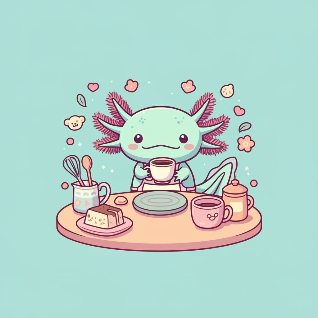 Whimsical Axolotl Sips Coffee in Cozy Korean Kitchen