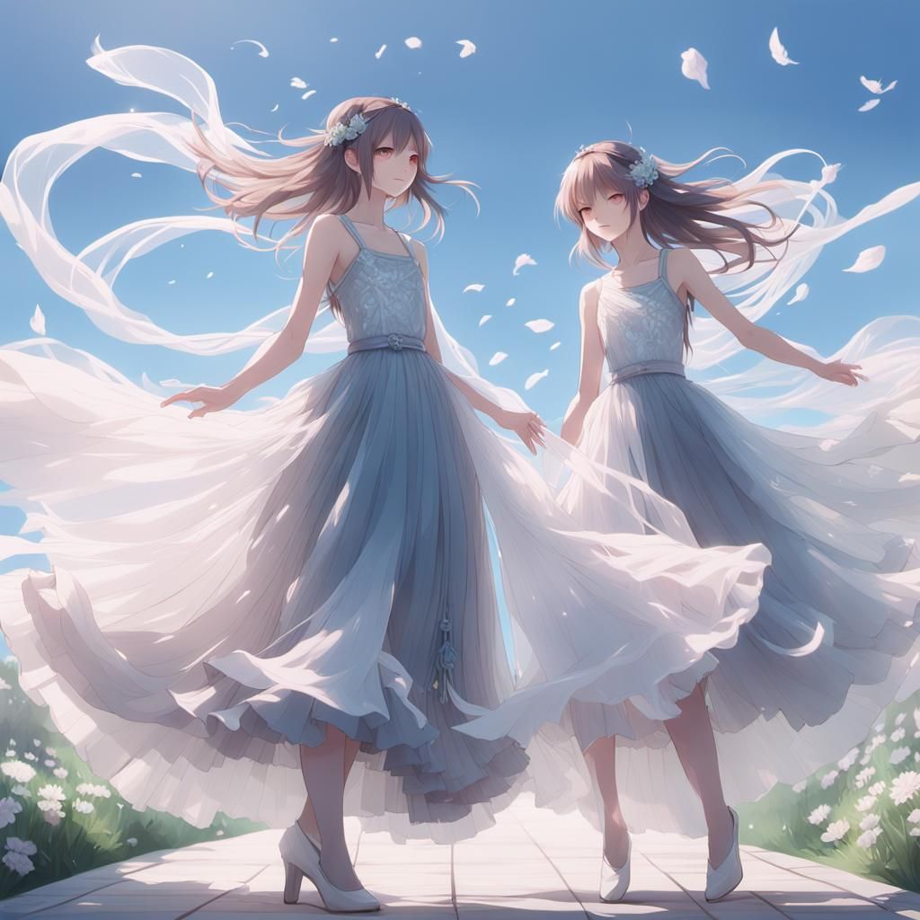 Elegant Tulle Outfits Fluttering in the Wind as 3D Anime Art