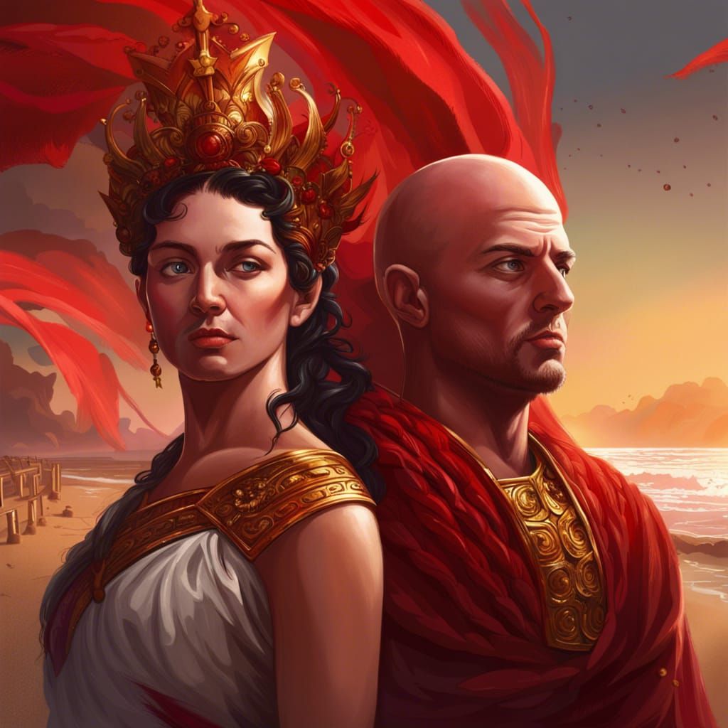Hyperrealistic Roman Emperor and Empress at the Beach