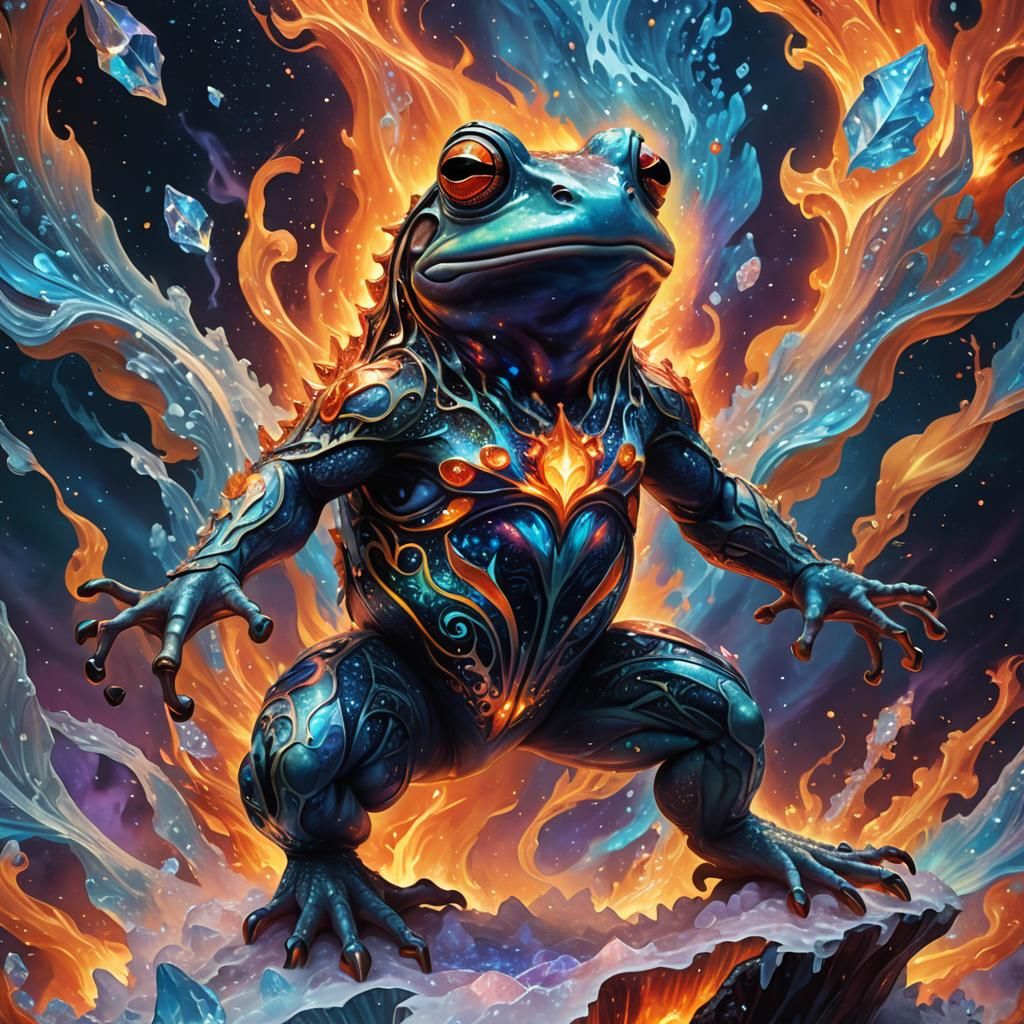 Humanoid Frog Amidst Fire and Ice, Holographic Art