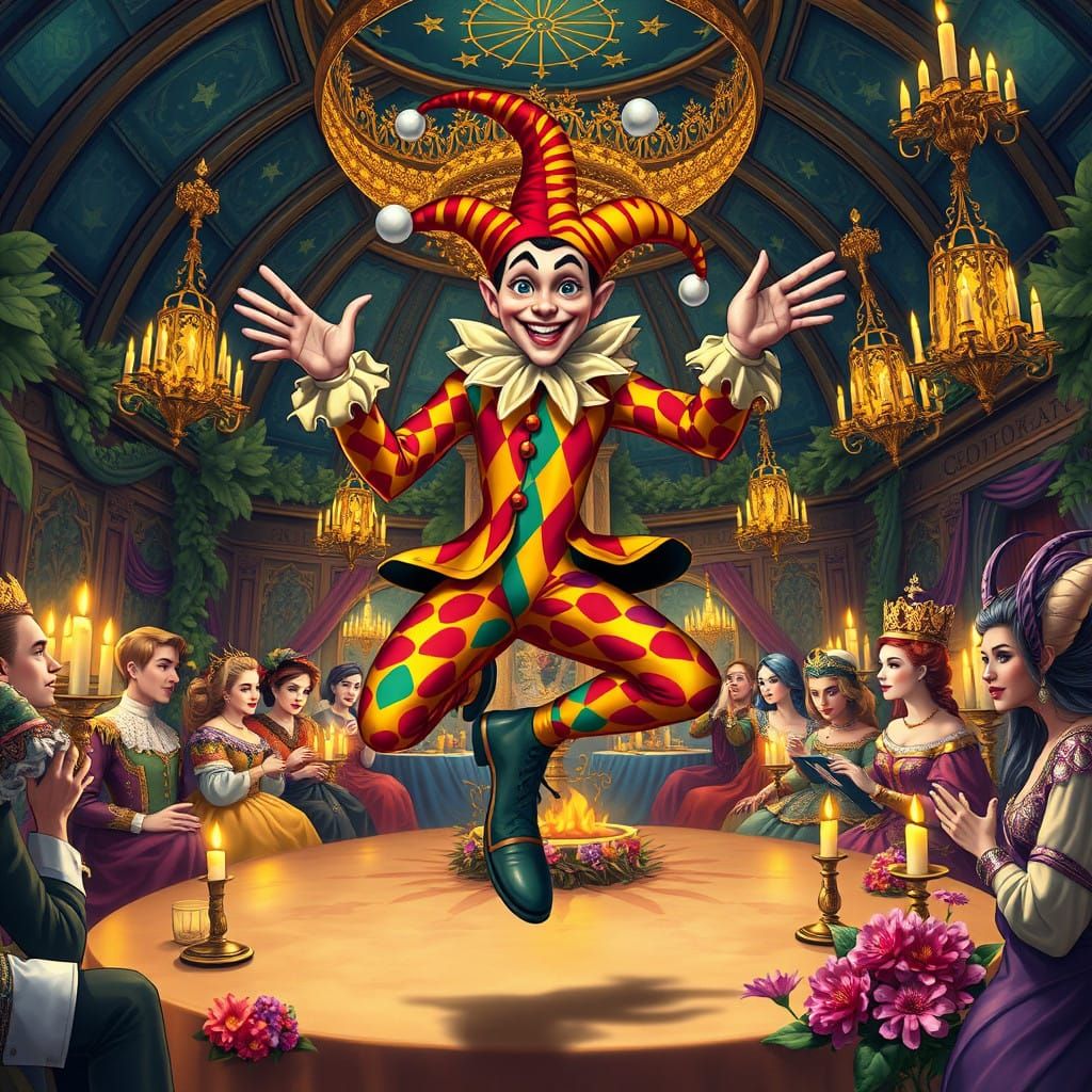 Merrymaking Jester Leaps at Enchanted Feast in Whimsical Sty...