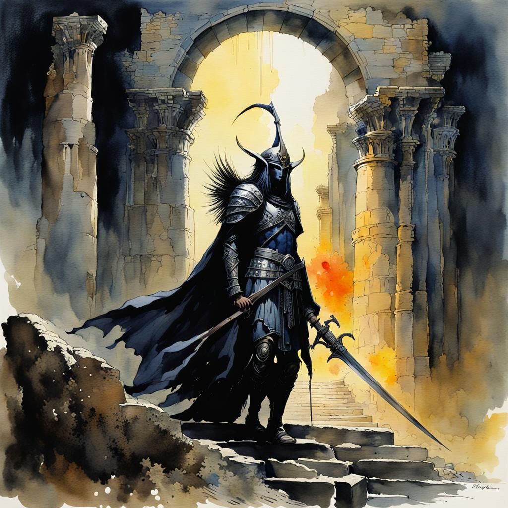 Dark Elf Warrior in Watercolor Ruins