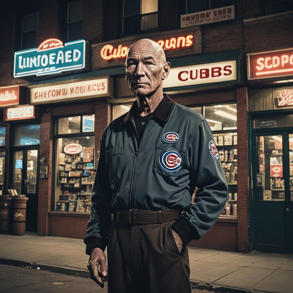 Captain Picard as Chicago Cub in Nighthawks Style