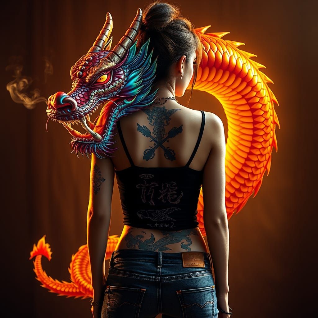 Woman with Dragon Tattoo in Hyper-Realistic Graffiti Art