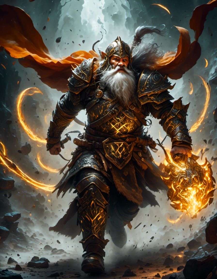 Hyperrealistic Dwarven Warrior Charges with Runed Warhammer