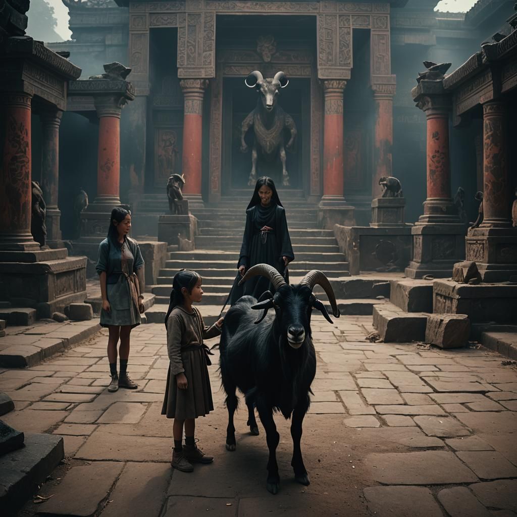 Dramatic Film Still: Girl and Goat in Temple