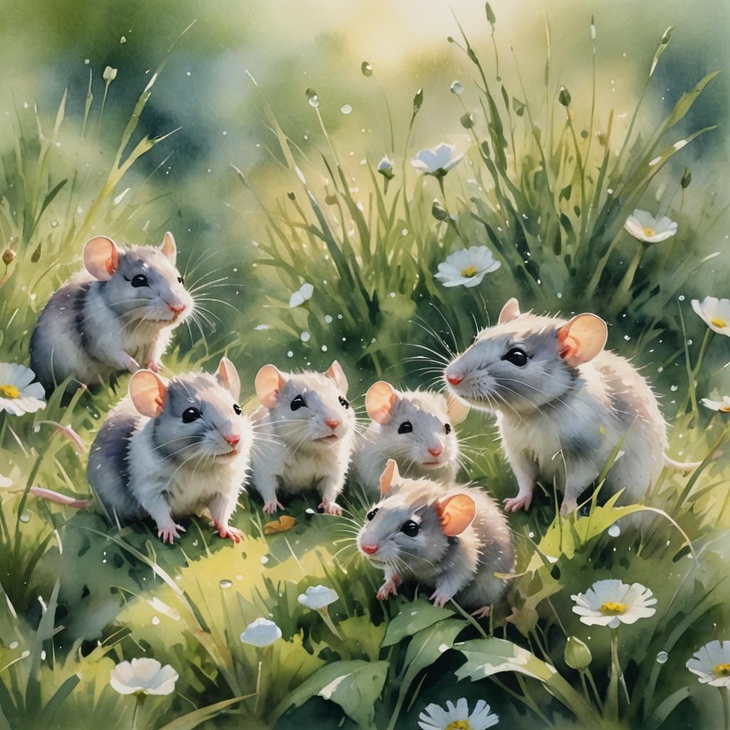 Impressionist Watercolor of Baby Rats in Meadow